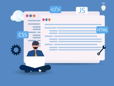 Web sitesi programlama ve kodlama. Web geliştirme ve kodlama. Etkilendirici pazarlama, sosyal medya veya ağ tanıtımı. Vektör Resimleri.