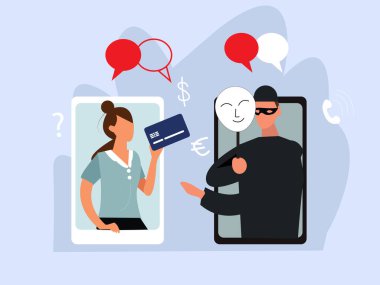 conceptual online fraud cybercrime Hacking woman on phone screen and scammer stealing bank card. vector illustration. clipart