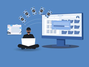 Siber hırsız, internet dolandırıcısı. Hırsız online cüzdan ve kredi kartından para çalıyor. Web sayfası, afiş, sunum, sosyal medya afişi. vektör illüstrasyonu.