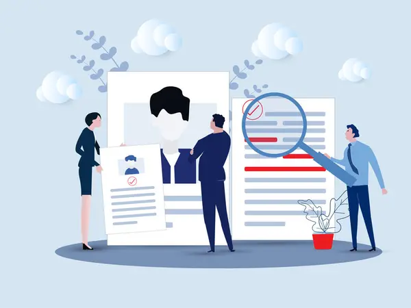 KYC veya bir büyüteç vektör illüstratörü aracılığıyla müstakbel ortaklar konseptinde müşterilerinin kimliklerini doğrulayan işletme sahibi müşterinizi tanıyın.