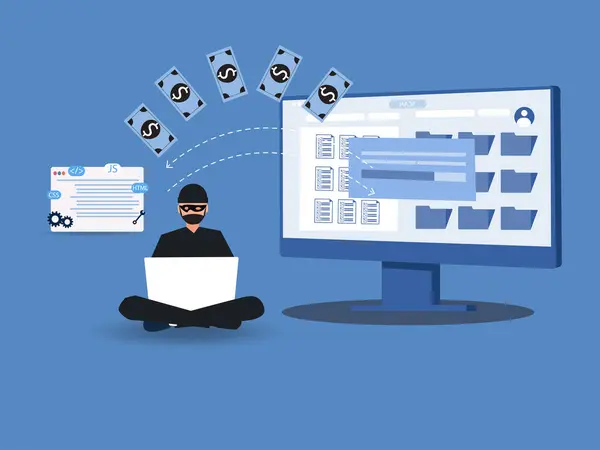 Siber hırsız, internet dolandırıcısı. Hırsız online cüzdan ve kredi kartından para çalıyor. Web sayfası, afiş, sunum, sosyal medya afişi. vektör illüstrasyonu.
