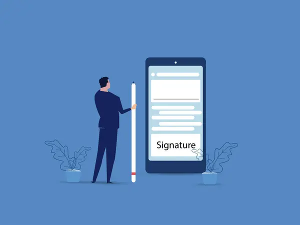 Dijital imza konsepti. Akıllı telefon ekranına imza atan işadamı dijital, E-imza, iş ya da elektronik sözleşme imzalayan. vektör illüstrasyonu.