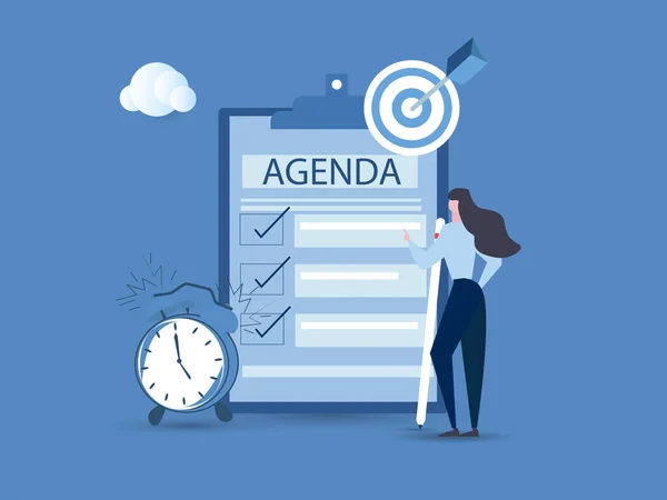 Business Woman Hold Pencil Write Meeting Agenda Clock Meeting Agenda — Stock Vector