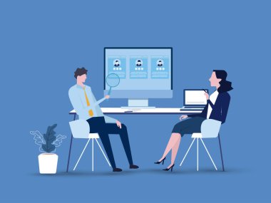 İş adamları ekibi toplantısı ve araştırma, iş görüşmesi ve işe alım için Profile devam ediyor. Çizgi film karakter tasarımı konsepti. düz vektör illüstrasyonu.  