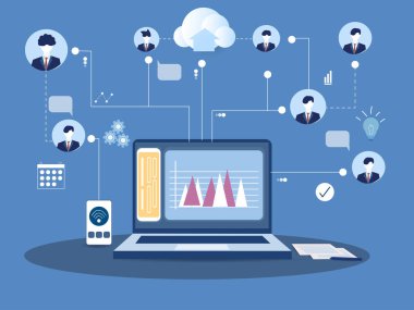 Farklı yetenekleri olan insanlar çevrimiçi iletişim kurar ve aynı proje üzerinde çalışırlar. Uzaktan çalışma ve serbest çalışma kavramı. vektör illüstrasyonu.