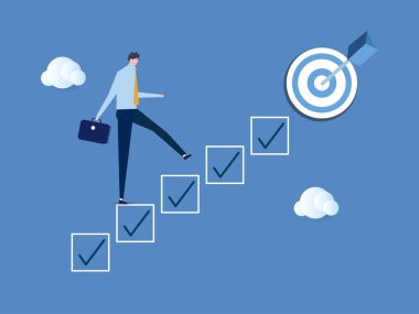 Kariyer başarısı için kişisel geliştirme planı, iş hedefi kavramını motive etmek ve başarmak için uzmanlık becerisi veya yeterliliği geliştirmek, akıllı işadamı hedefine ulaşmak için merdiven olarak kontrol listesinden yukarı çıkıyor.