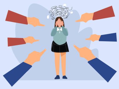 Depresyondaki üzgün kadın, düz vektör çizimi olarak ayakta duruyor. Çevresindeki kız ve parmakları onu işaret ediyor. Mahkumiyet, iddianame ve sosyal ihbar kavramı. vektör illüstrasyonu.