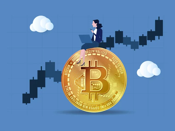 Bitcoin ve kripto para yatırımı, kripto ticareti Bitcoin fiyatından kar ediyor, iş kadını yatırımcı bilgisayar kullanarak büyük Bitcoin üzerinde kripto kullanarak şamdan fiyat grafiği grafiği çiziyor..
