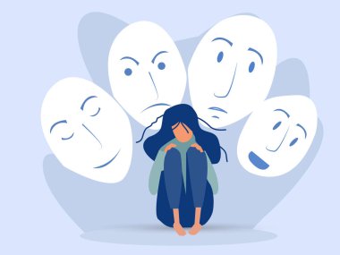 Taklitçi sendrom; mutlu ya da üzgün ifadeli maskeler. Bipolar bozukluk; sahte yüzler ve duygular. Psikoloji; yanlış davranış veya aldatıcı. Vektör çizici