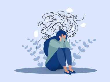 Kadın takıntılı düşüncelerden, baş ağrısından, çözülmemiş sorunlardan, psikolojik travmadan, depresyondan muzdarip. Zihinsel stres panik zihin bozukluğu düz vektör çizimi