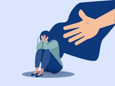 Bir el, bir kadının stresten kurtulmasına yardımcı olur. Genç bir dişi ağlıyor ve yüzünü örtüyor. Yalnız kızın desteğe ihtiyacı var. Depresyon ve endişe yüzünden bakıma ihtiyacı var. Akıl sağlığı konsepti. Vektör illüstrasyonu.