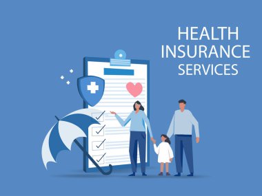 Sağlık sigortası sözleşmesi şemsiye altında. Sağlık, finans ve sağlık hizmetleri. Sağlık sigortası hakkında vektör illüstrasyon.