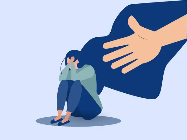 Bir el, bir kadının stresten kurtulmasına yardımcı olur. Genç bir dişi ağlıyor ve yüzünü örtüyor. Yalnız kızın desteğe ihtiyacı var. Depresyon ve endişe yüzünden bakıma ihtiyacı var. Akıl sağlığı konsepti. Vektör illüstrasyonu.