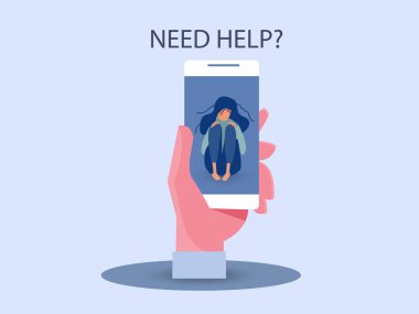 Kriz yardım hattı. Yardım lazım mı? Akıllı telefonu tutan bir el. Yeni teknolojiler. Terapi. Randevu. Akıl sağlığı. Milenyum. Genç yalnız erkek karakter dizlerine sarılıyor..