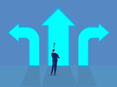 Kafası karışmış iş adamı kavramının ok kavşağının önünde duran soru işareti doğru seçimi yapıyor. kariyer yolu ve strateji .vecor illüstrasyon.