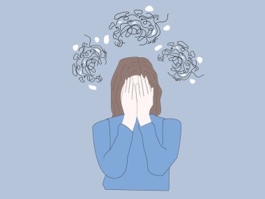 Zihinsel bozukluk. Cevaplar arıyorum. Depresyondan muzdarip kafası karışmış, yüzü umutsuzluğa düşmüş, karmaşık sorunları çözmeye çalışan bir kız. Basit düz vektör.