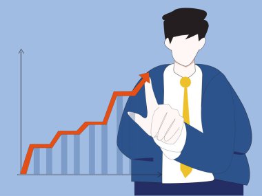 İş başarısı, gelişme, büyüme konsepti. Genç iş adamı çizgi film karakteri ok grafiği çizerek şirketlerin gelecekteki büyüme planını gösteriyor.