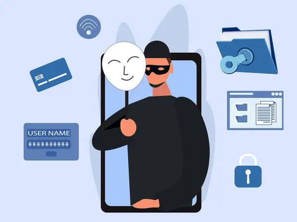 Cep telefonu ekranını hackledikleri için arkadaşlarını maske altında tutan suçlu. Para çalmak, siber suç, kişisel verilerin çalınması, şifre, kredi kartı düz vektör ilülasyonu..