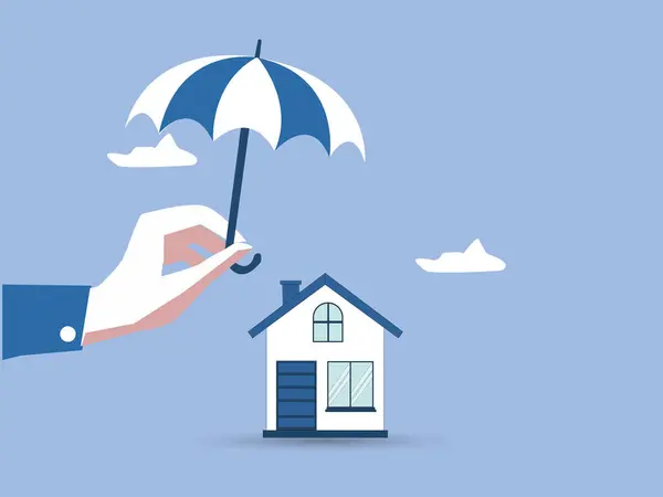 Ev sigortası, konut güvenliğinin bir sembolü olarak mavi bir şemsiye altında ipotek ödemesi veya hasardan korunan bir ev. vektör illüstrasyonu.