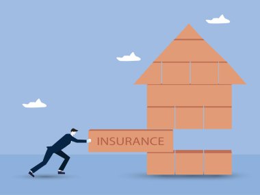 Mülk evi sigorta koruma konsepti. Sigorta acentesi evin son parçasıyla birlikte son model ahşap ve metin sigortası yaptırmış. vektör illüstrasyonu