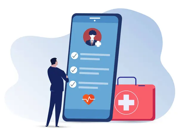 Sağlık Kontrolü Konsepti Web Afişi. Tıbbi Doktor Muayene Ediyor ya da Kontrol Ediyor. Sağlık sigortası, sağlık sigortası, sağlık raporu. Vektör illüstrasyonu.