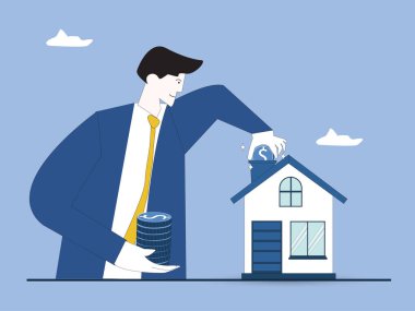 Kendi kendini inşa eden inşaat kredisi. İnşaat konsepti için ipotek. Evin çatısına bozuk para koyan bir adam. İnşaat masrafları banka tarafından karşılanıyor. İnşaata yatırım