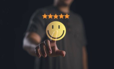 Müşterinin Eli 'nin sunduğu memnuniyet için En İyi Mükemmel Hizmet Derecesi Beş Yıldız' ı gösteriyor. İnceleme, geri bildirim, iyi, en iyi ürün ve hizmet, Müşteri Tecrübesi.