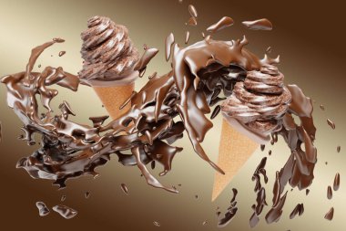 Çikolata parçacıklı waffle külahında dondurma. 3d illüstrasyon
