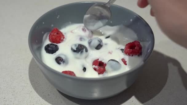 Berry Bliss Mixing Blueberries Dan Raspberries Dengan Yogurt Tangan Menggunakan — Stok Video