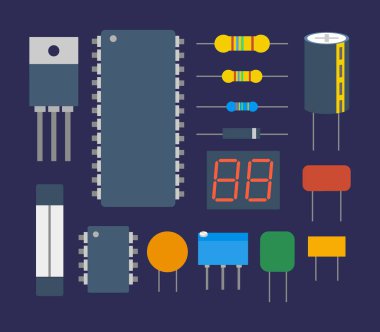 Elektronik bileşenleri gösteren, mikroçipleri, kondansatörleri, dirençleri, sigortaları ve daha fazlasını kapsayan bir vektör çizimi..