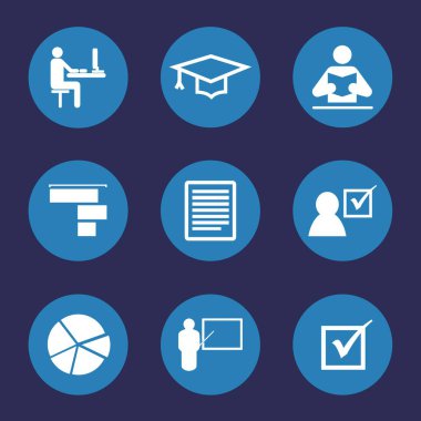Eğitim ve öğrenmeyle ilgili simgelerin vektör çizimleri, koyu bir tema ile sunulmuştur.