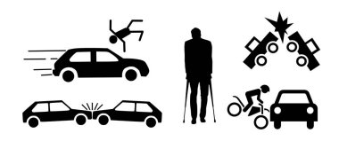 Araba kazası simgeleri ayarlandı. Siyah ve beyaz renkli vektör illüstrasyonu.