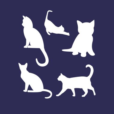 Mavi arka planda bir grup kedi silueti. Vektör illüstrasyonu