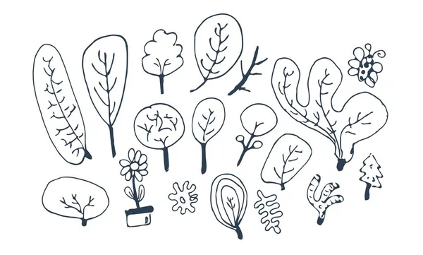Set Von Handgezeichneten Kritzelbäumen Und Pflanzen Vektorillustration Stockillustration