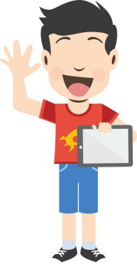 Elinde tablet olan ve el sallayan bir çocuk. Kırmızı gömlek ve mavi şort giyiyor. Sırt kılları, gülümsüyor ve mutlu görünüyor..