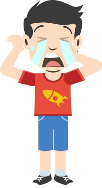 Kırmızı tişört giyen bir çocuk ağlıyor ve gözyaşı döküyor.