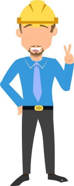 Sarı kasketli ve sarı gömlekli bir iş adamı. V işaretini gösteriyor..