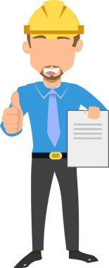 İnşaat işçisi ya da mühendis elinde bir pano tutarken onay veriyor, şimdi sarı bir başlık üzerinde odaklanıyor..