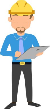 Bir inşaat işçisi ya da panosu olan bir mühendisin görüntüsü, şimdi sarı bir şapka takıyor..