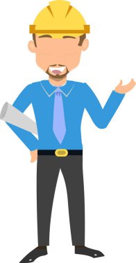 Erkek İnşaat İşçisi veya Mühendis sarı bir inşaat şapkası takıyor, planına ya da planına eşlik ediyor..