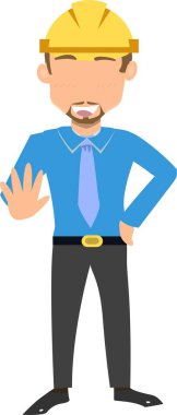 Kasketli bir adam, eli kalçasında, bir şeyi durdurması için sinyal veriyor, şimdi de sarı bir şapka takıyor..