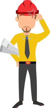 Bir Erkek İnşaat İşçisi ya da Mühendis 'in Sert Şapka Giymesi ve Taslak Tutması ya da Planı