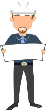 Beyaz bir başlık içeren boş bir levha, harita ya da plan tutan Erkek İnşaat İşçisi ya da Mühendis 'in resimli bir sahnesi.