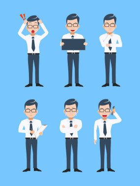 Farklı projelere kolayca entegre olabilmek için Vektör 'de hazırlanmış çeşitli poziyonlar ve jestler içeren İş Adamı Çizgi Filmi Karakterleri Çizimi.