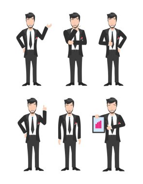Çeşitli pozları ve jestleri olan iş adamı çizgi film karakterleri. Vektör illüstrasyonu.