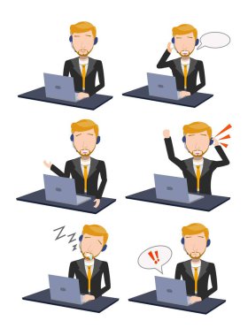 Dizüstü bilgisayarla uğraşırken Çeşitli Senaryolardaki Çağrı Merkezi İşlemcileri - Vektör Paketi