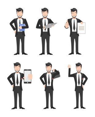 İş Adamı Çizgi Film Karakterleri 'nin çeşitli pozlar ve ifadelerle yer aldığı Vektör Resimleri.