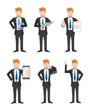 Vektör İllüstrasyonları çeşitli pozlar ve jestlerle bir dizi İş Adamı Çizgi Filmi Karakteri sunar, çeşitli ifadeler yakalar.