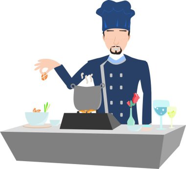 Mutfakta sobanın başında yemek pişirmeye odaklanmış bir aşçının çizgi film tasviri..