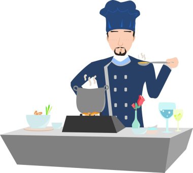 Bir aşçının mutfakta yemek pişirdiğini gösteren bir resim.